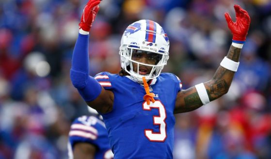 Damar Hamlin of the Buffalo Bills gestures toward the crowd during the third quarter of a game against the Minnesota Vikings at Highmark Stadium on Nov. 13, 2022, in Orchard Park, New York.
