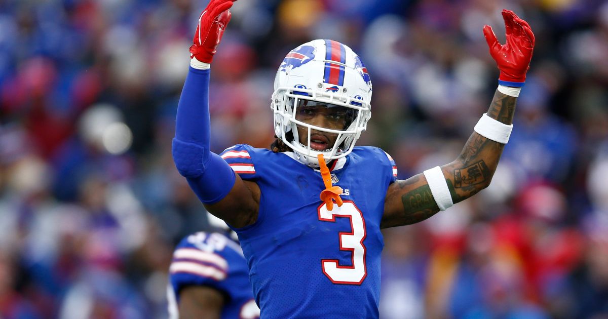 Damar Hamlin of the Buffalo Bills gestures toward the crowd during the third quarter of a game against the Minnesota Vikings at Highmark Stadium on Nov. 13, 2022, in Orchard Park, New York.