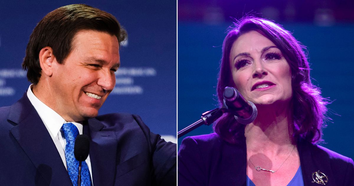 At left, Florida Gov. Ron DeSantis waves to supporters during an event in Las Vegas on Nov. 19. At right, Florida Agriculture Commissioner Nikki Fried, a Democratic gubernatorial candidate, speaks at her election night event in Fort Lauderdale on Aug. 23.