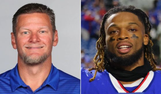 Buffalo Bills assistant trainer Denny Kellington, left, is being lauded for helping to save the life of safety Damar Hamlin, right, on Monday night.