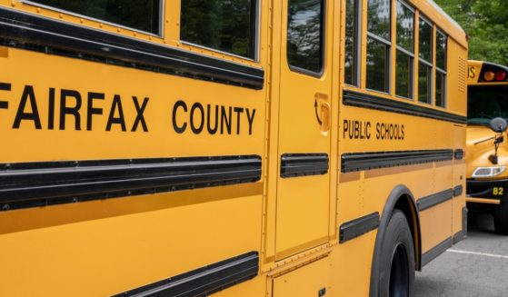 Fairfax County Public School buses are parked at a middle school in Falls Church, Virginia, on July 20, 2020.