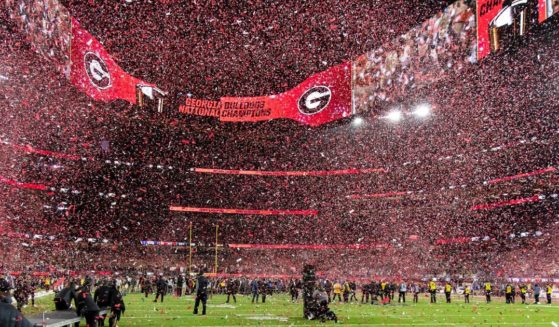 Confetti is released onto SoFi Stadium in Inglewood, California, on Monday after the Georgia Bulldogs defeated the TCU Horned Frogs to become the College Football National Champions.