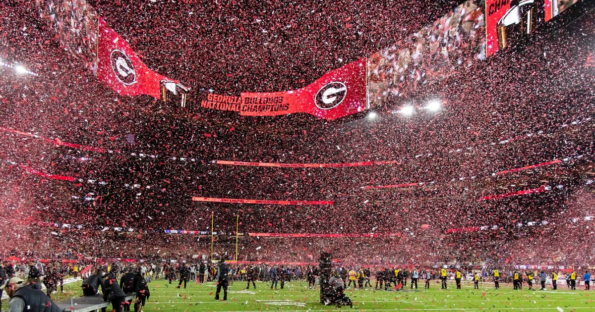 Confetti is released onto SoFi Stadium in Inglewood, California, on Monday after the Georgia Bulldogs defeated the TCU Horned Frogs to become the College Football National Champions.