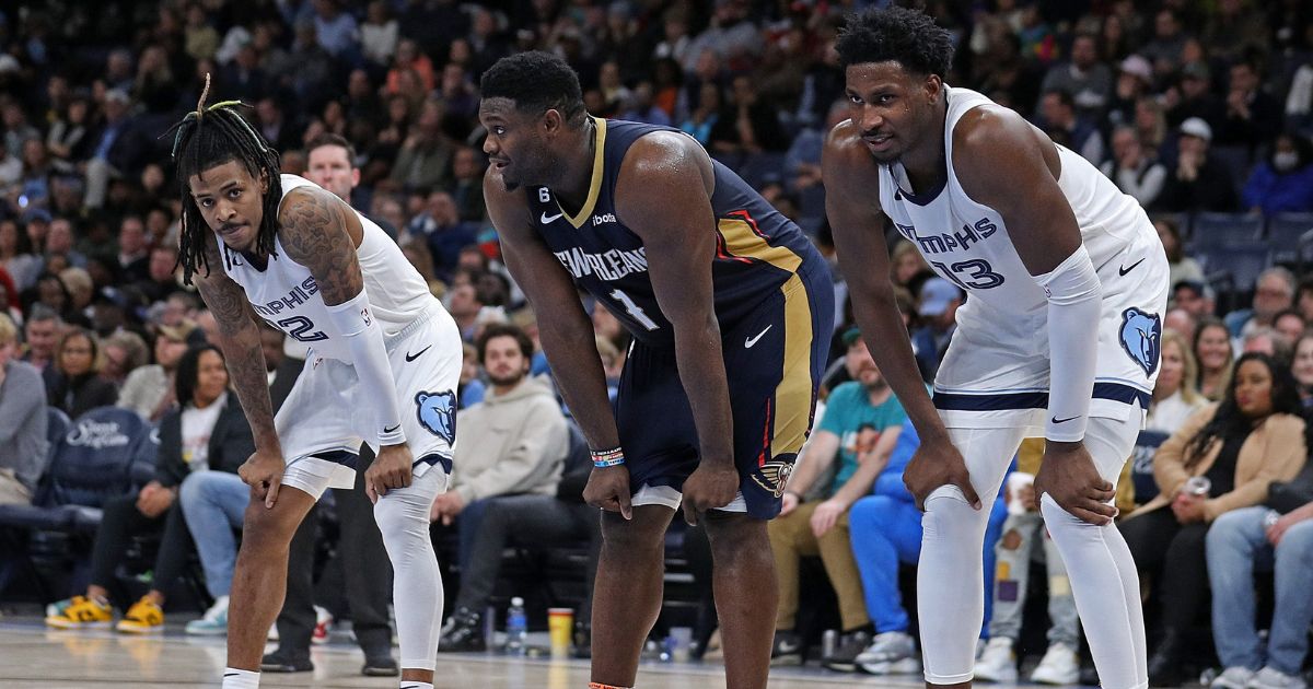 Ja Morant, Zion Williamson and Jaren Jackson Jr. are seen during an NBA game between the Memphis Grizzlies and the New Orleans Pelicans at FedExForum on Dec. 31, 2022, in Memphis, Tennessee.