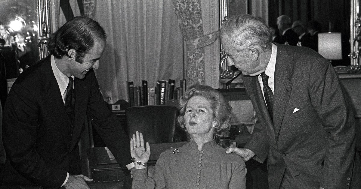 Eventual British Prime Minister Margaret Thatcher talks with U.S. Sens. Joseph Biden and John Sparkman in the U.S. Capitol's Foreign Relations Committee Room in Washington, D.C., on Sept. 18, 1975.