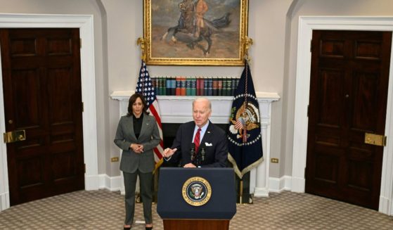 President Joe Biden, with Vice President Kamala Harris, speaks in the Roosevelt Room of the White House in Washington, D.C., on Jan. 5.