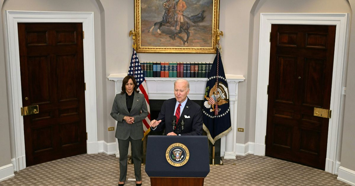 President Joe Biden, with Vice President Kamala Harris, speaks in the Roosevelt Room of the White House in Washington, D.C., on Jan. 5.