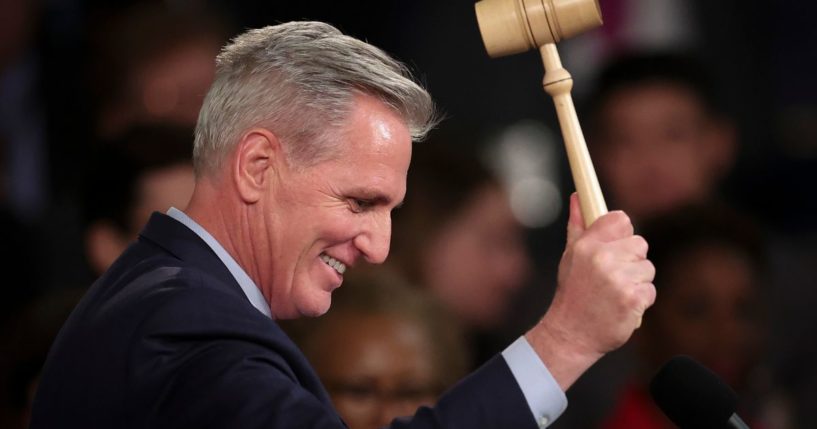 Speaker of the House Kevin McCarthy holds the speaker's gavel at the U.S. Capitol on Saturday in Washington, D.C.