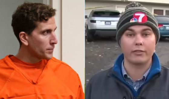 A white vehicle that appears to resemble one belonging to Bryan Kohberger, left, drove past the murder scene as KTVB-TV reporter Andrew Baertlein, right, described the situation on Nov. 14, the morning the bodies were discovered.