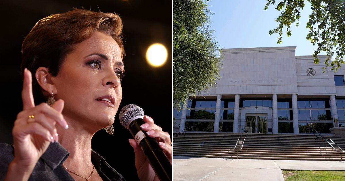 Arizona Republican gubernatorial candidate Kari Lake, left, is appealing her elections case to the state Supreme Court, which meets at the Arizona State Courts Building in Phoenix, right.