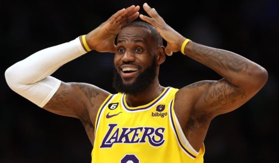 LeBron James reacts to a call on the court during the Los Angeles Lakers' game against the Boston Celtics in Boston, Massachusetts, on Saturday.