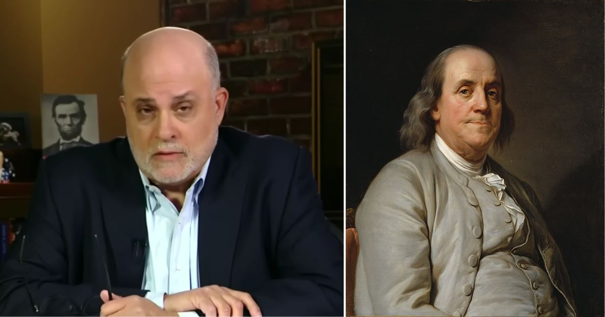 Fox News host Mark Levin exhorted House Republicans on Sunday to stop the tyrannical and destructive acts of the Biden administration. A portrait of Benjamin Franklin is seen on the right.