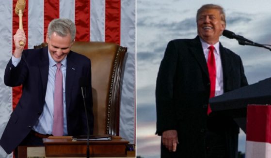 New House Speaker Kevin McCarthy, left, bangs the gavel after winning the post in a vote early Saturday morning. In a news conference, McCarthy publicly thanked former President Donald Trump, pictured right, in an April filed photo from North Carolina, for his help in getting enough Republicans backing to win the seat being vacated by former House Speaker Nancy Pelosi.