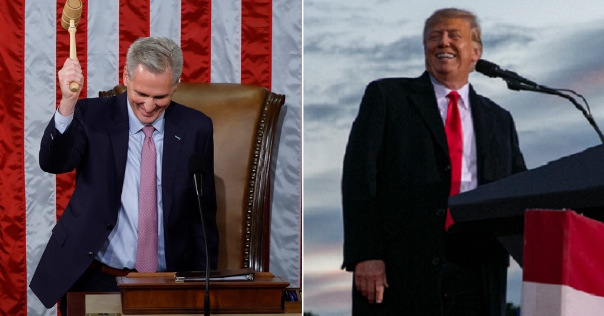 New House Speaker Kevin McCarthy, left, bangs the gavel after winning the post in a vote early Saturday morning. In a news conference, McCarthy publicly thanked former President Donald Trump, pictured right, in an April filed photo from North Carolina, for his help in getting enough Republicans backing to win the seat being vacated by former House Speaker Nancy Pelosi.