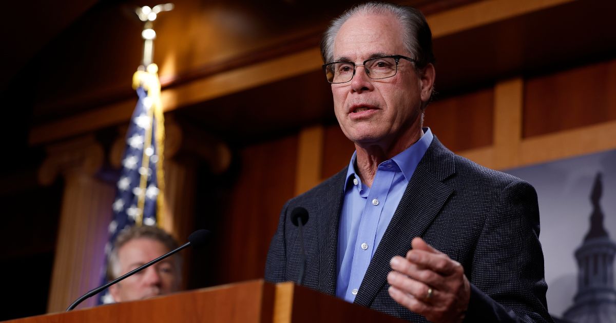 Sen. Mike Braun speaks at a news conference on government spending at the U.S. Capitol Building in Washington, D.C., on Dec. 7.