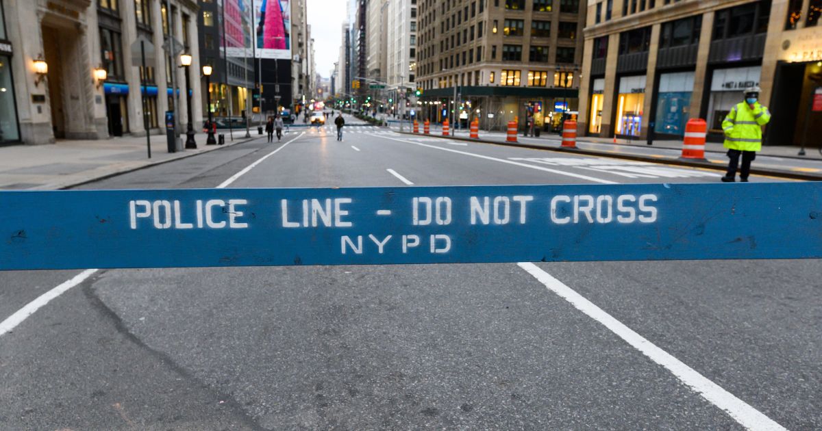 A New York City Police Department barricade is pictured on a New York City street on March 29, 2020.