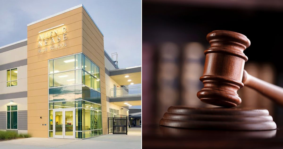 At left is Allen D. Nease High School of Ponte Vedra, Florida. At right is a stock photo of a judge's gavel.