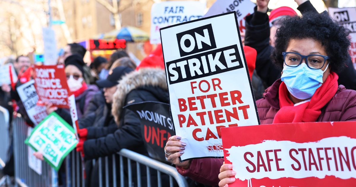 Nurses from Mount Sinai Hospital in New York City strike outside the hospital on Monday.