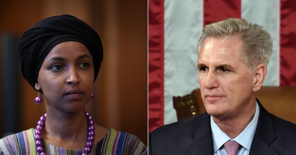 In response to several Republicans being kicked off of House committees in previous sessions of Congress, Speaker of the House Kevin McCarthy, right, is removing several Democrats from their House committees, including Ilhan Oman, left.