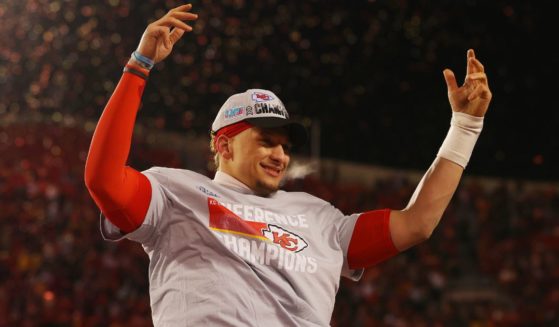 Patrick Mahomes celebrates the Kansas City Chiefs' win over the Cincinnati Bengals on Sunday to win the AFC National Championship Game in Kansas City, Missouri.