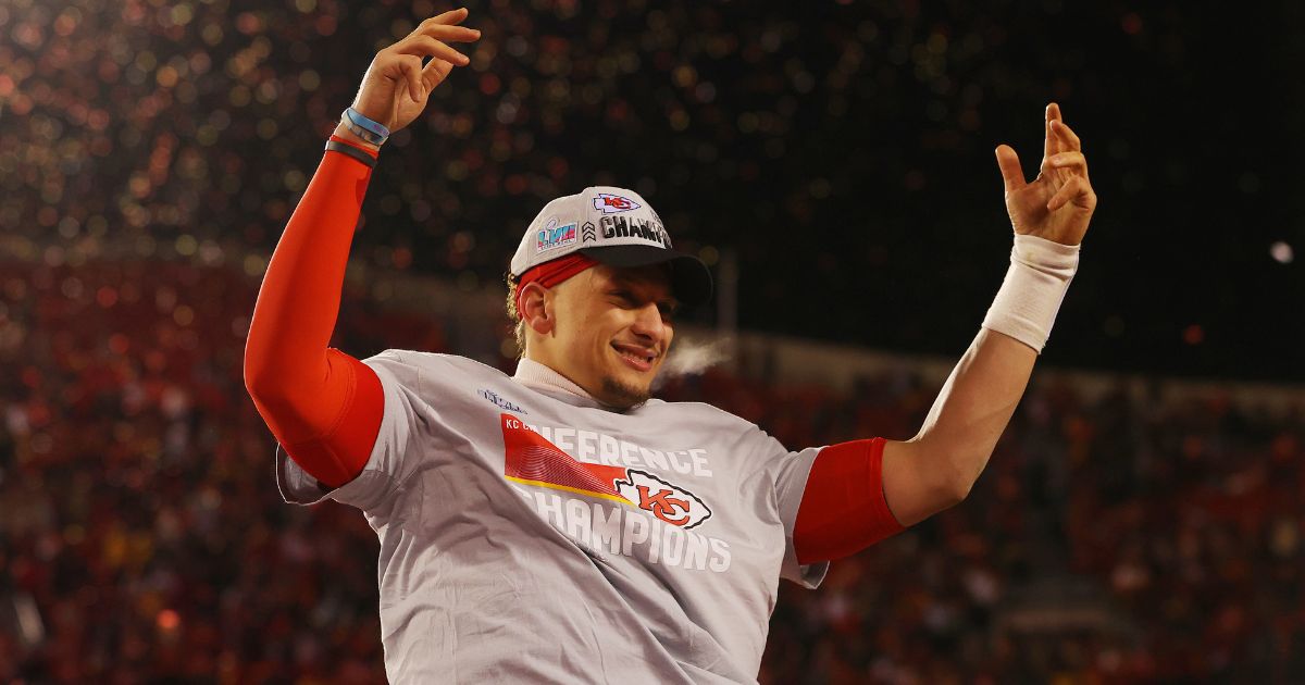 Patrick Mahomes celebrates the Kansas City Chiefs' win over the Cincinnati Bengals on Sunday to win the AFC National Championship Game in Kansas City, Missouri.