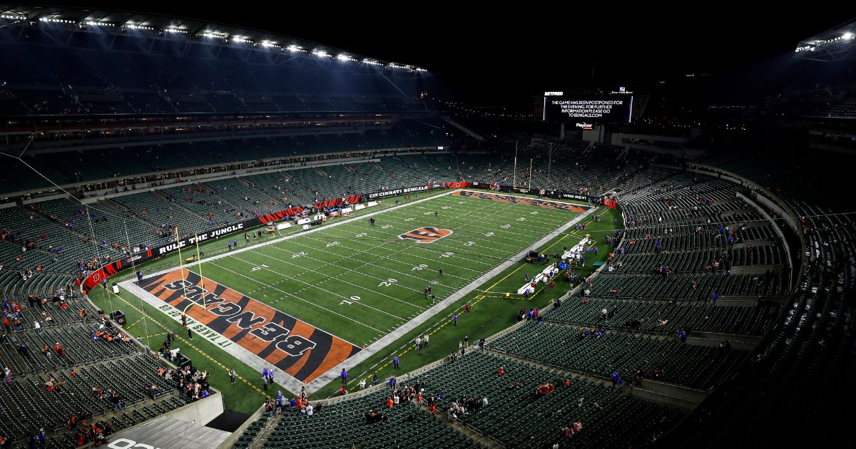 Paycor Stadium is seen after an NFL football game between the Buffalo Bills and the Cincinnati Bengals was suspended due to an injury sustained by Bills safety Damar Hamlin on Monday in Cincinnati, Ohio.