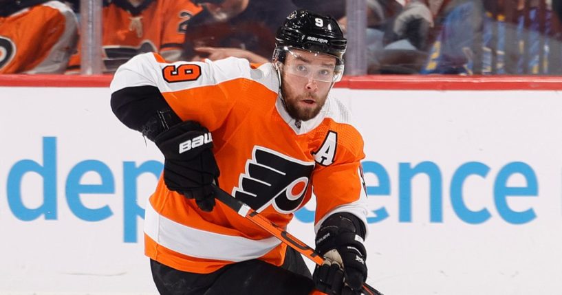 Philadelphia Flyers defenseman Ivan Provorov skates with the puck against the Columbus Blue Jackets at Wells Fargo Center on April 5.