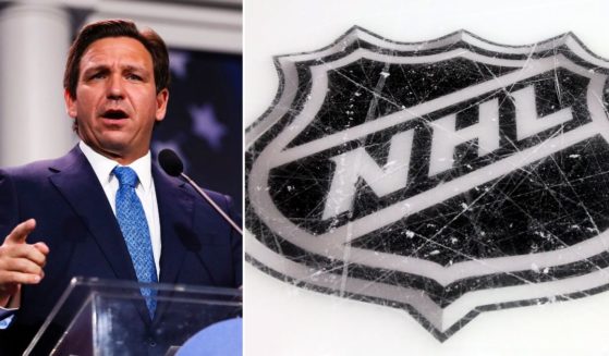 Florida Gov. Ron DeSantis speaks in Las Vegas, Nevada, on Nov. 19, 2022. The NHL logo is etched in the ice at Nationwide Arena on Jan. 24, 2015, in Columbus, Ohio.