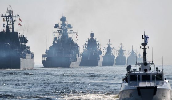 Russian warships sail during a parade of the Russian fleet as part of the Navy Day celebration, in Saint Petersburg, Russia. on July 28, 2019.