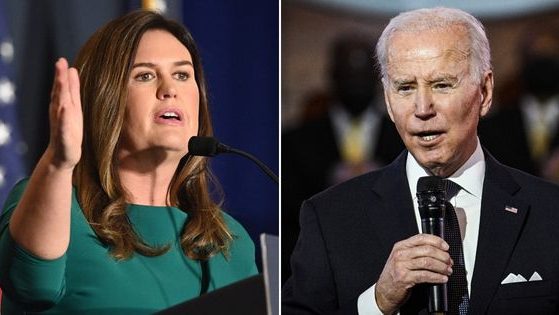 Republican Gov. Sarah Huckabee Sanders of Arkansas, left, pledged to protect the state against "big government," including President Joe Biden, right, and his administration.