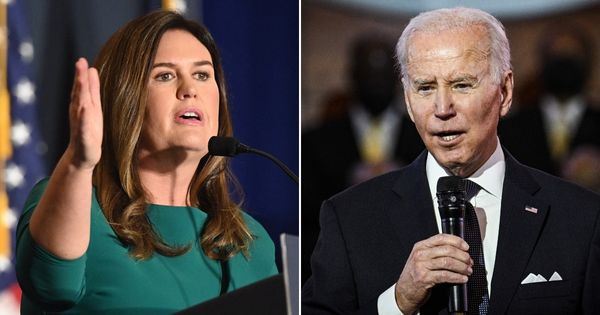 Republican Gov. Sarah Huckabee Sanders of Arkansas, left, pledged to protect the state against "big government," including President Joe Biden, right, and his administration.