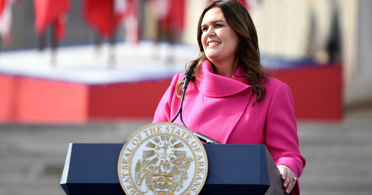 Sarah Huckabee Sanders speaks after taking the oath of office at the Arkansas Capitol in Little Rock, Arkansas, on Tuesday.