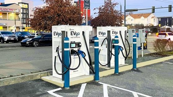 An EVgo electric vehicle charging station is pictured at King Plaza in Seattle, Washington.