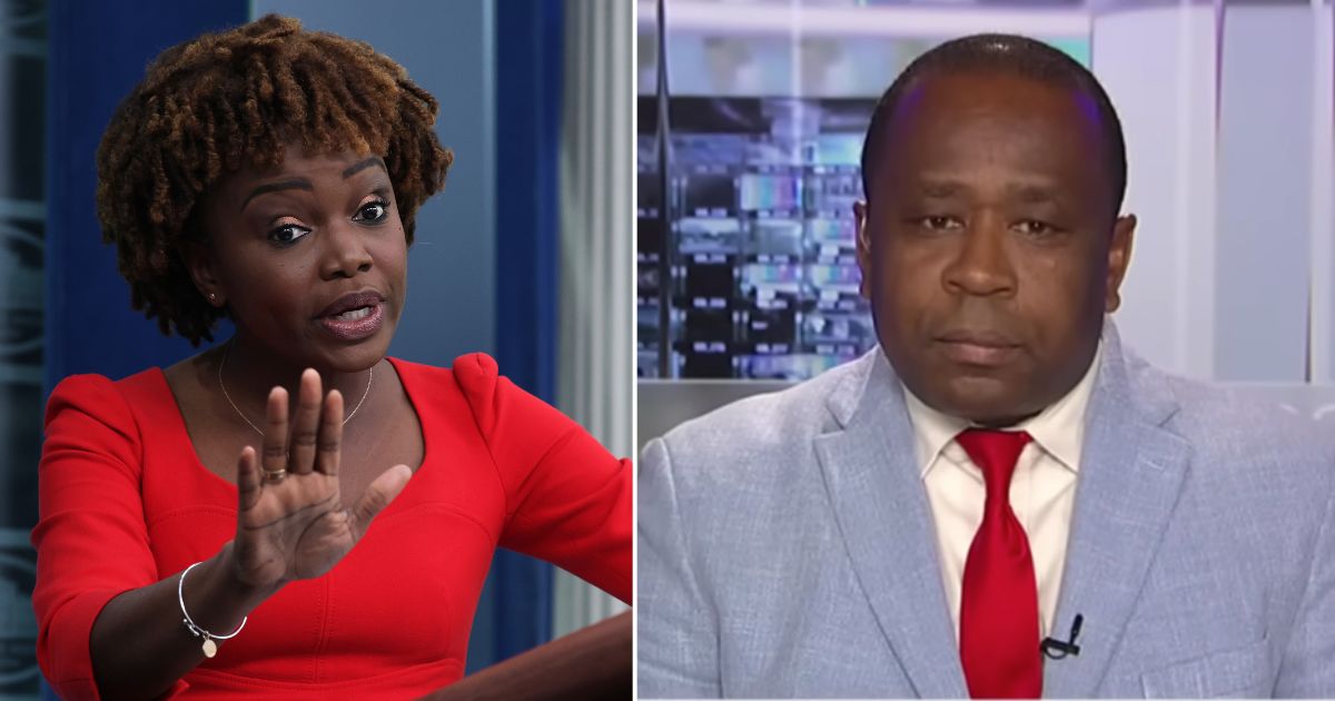 White House press secretary Karine Jean-Pierre, left, speaks during a news briefing at the White House on June 16, 2022, in Washington, D.C. Simon Ateba appears on Tucker Carlson's Fox News show on Sunday.