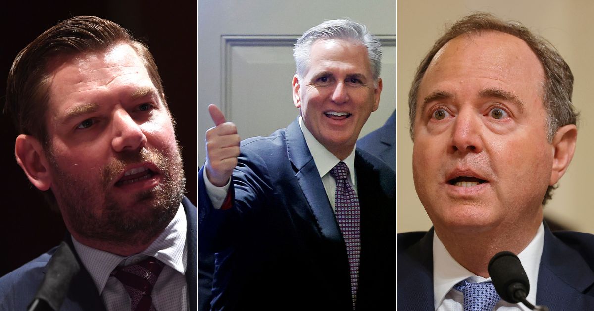Reps. Eric Swalwell, left, and Adam Schiff, right, both California Democrats, were removed from the House Intelligence Committee by new House Speaker Kevin McCarthy, center, a California Republican.