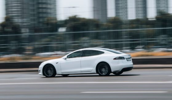 A Tesla Model S is driven near Kyiv, Ukraine, on June 27, 2021.