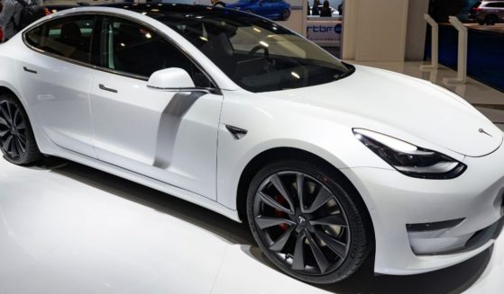 A Tesla Model 3 is displayed at the Brussels Expo in Brussels, Belgium, on Jan. 9, 2020