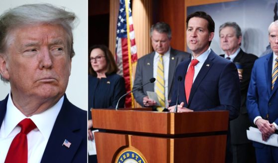 Ben Sasse, shown speaking at right alongside other GOP senators at the Capitol in March, voted to convict then-President Donald Trump, left, in his second impeachment trial.