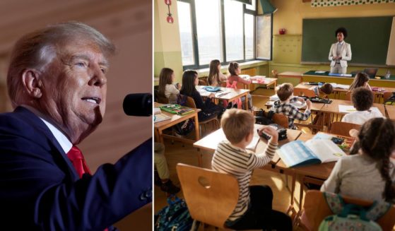 Former President Donald Trump speaks during an event at his Mar-a-Lago home on Nov. 15, 2022, in Palm Beach, Florida. Students participate in a class in the stock image on the right.