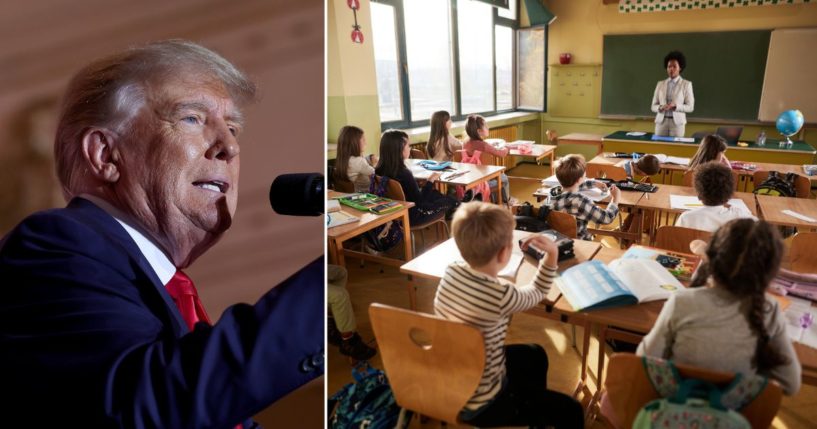Former President Donald Trump speaks during an event at his Mar-a-Lago home on Nov. 15, 2022, in Palm Beach, Florida. Students participate in a class in the stock image on the right.