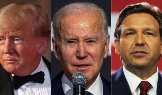 A new poll asked voters who they would vote for in 2024 for president between former President Donald Trump, left, and President Joe Biden, middle, and between Biden and Gov. Ron DeSantis, right. The results had DeSantis as the winner.