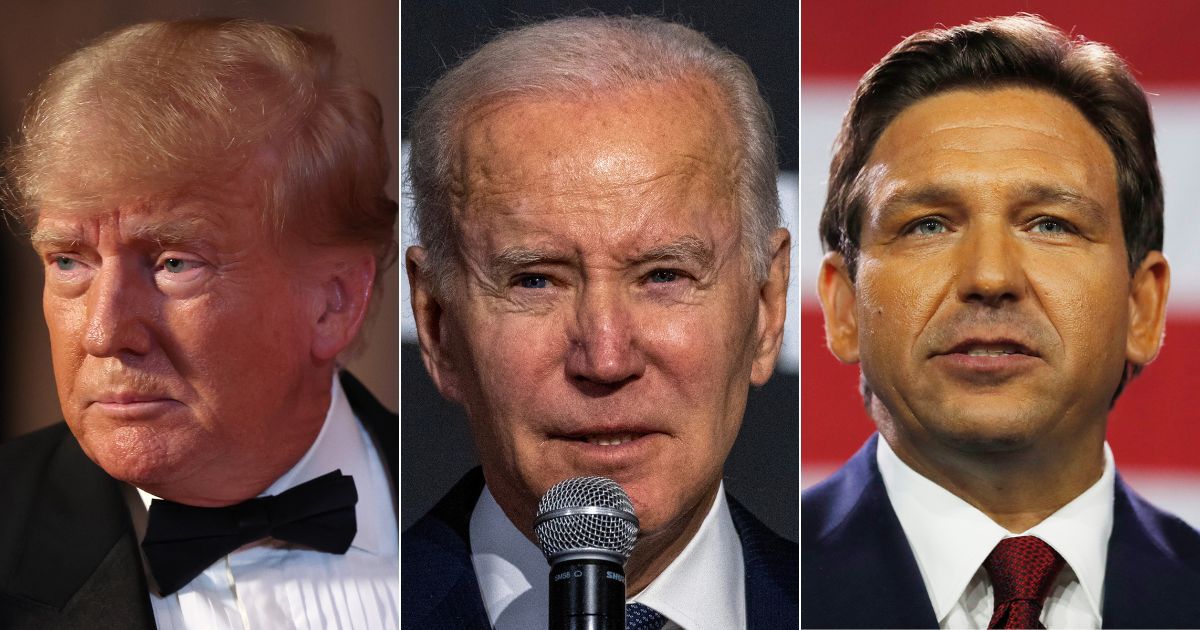 A new poll asked voters who they would vote for in 2024 for president between former President Donald Trump, left, and President Joe Biden, middle, and between Biden and Gov. Ron DeSantis, right. The results had DeSantis as the winner.