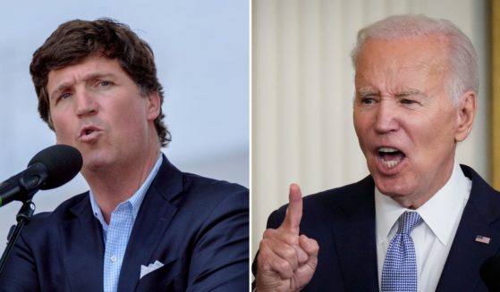 Tucker Carlson speaking on Aug. 7, 2021, in Esztergom, Hungary, and Joe Biden delivering remarks on Jan. 6, 2023, in the White House