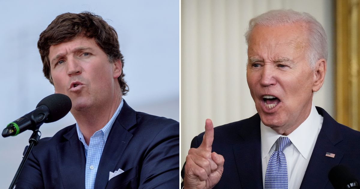 Tucker Carlson speaking on Aug. 7, 2021, in Esztergom, Hungary, and Joe Biden delivering remarks on Jan. 6, 2023, in the White House