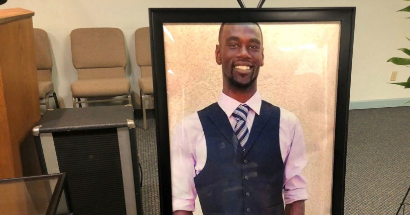 A portrait of Tyre Nichols, 29, is displayed at a memorial service for him on Tuesday in Memphis.