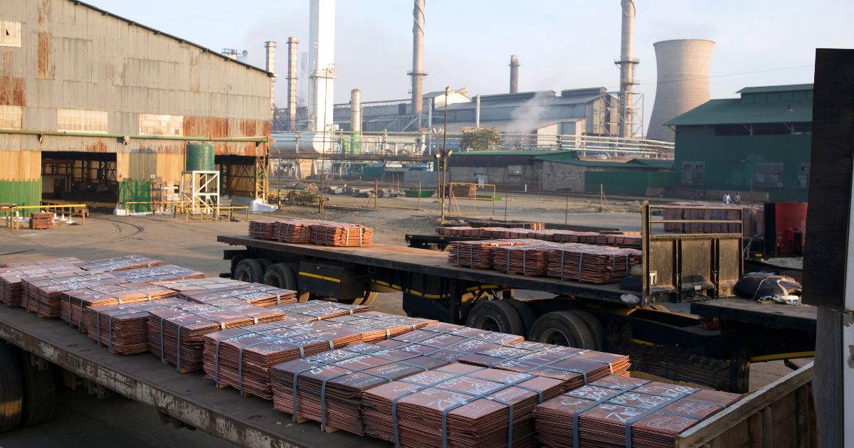 Batches of copper sheets are loaded on trucks on July 7, 2016 at Mopani mines in Mufilira, Zambia.