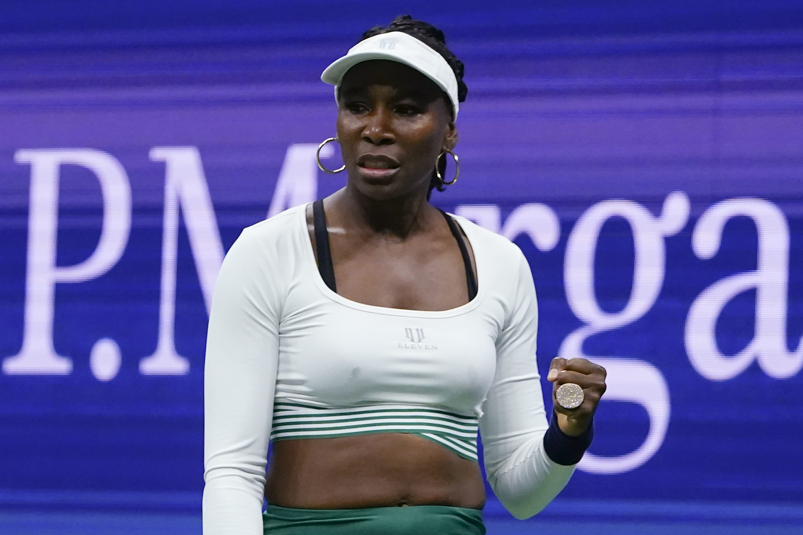 Venus Williams reacts during her first-round doubles match with her sister, Serena Williams, against Lucie Hradecka and Linda Noskova, both of the Czech Republic, at the U.S. Open on Sept. 1 in New York City.