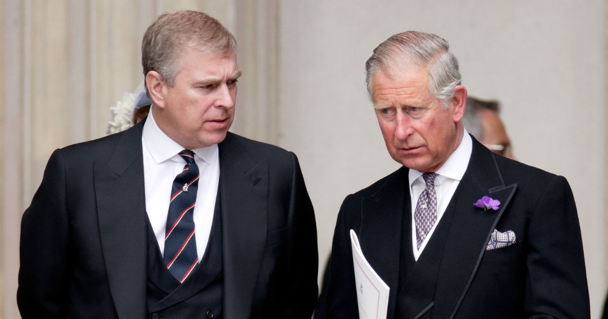 Prince Andrew, Duke of York and then-Prince Charles, Prince of Wales attend a Service of Thanksgiving to celebrate Queen Elizabeth II's Diamond Jubilee at St Paul's Cathedral on June 5, 2012, in London.