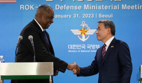 U.S. Secretary of Defense Lloyd Austin, left, shakes hands with South Korean Defense Minister Lee Jong-Sup after a joint press conference after their meeting at the Defense Ministry in Seoul, South Korea, on Tuesday.
