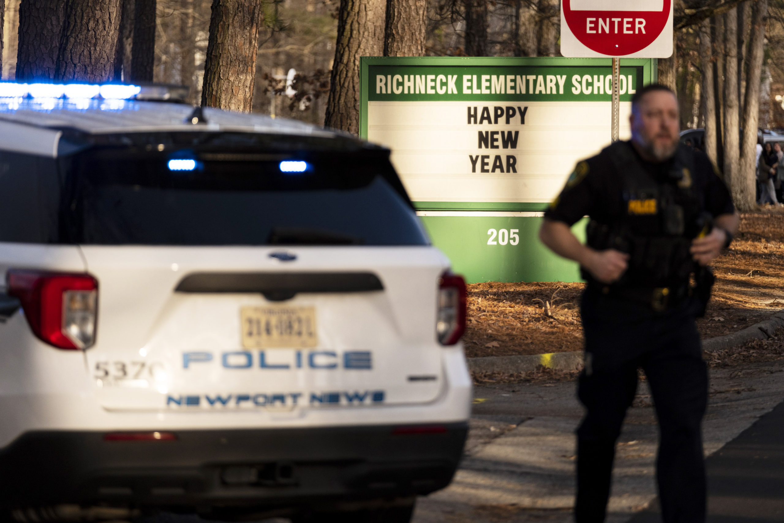Police respond to a shooting at Richneck Elementary School in Newport News, Virginia, on Friday.